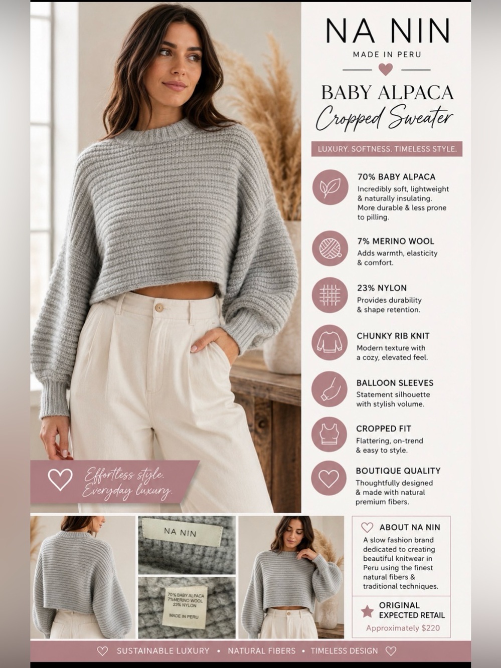 NA NIN Baby Alpaca Wool Ribbed
Cropped Sweater Gray Balloon Sleeve Made in Peru